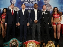 Фоторепортаж с дуэли взглядов финальной пресс-конференции боя Головкин — Джейкобс