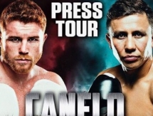 Афиша пресс-тура боя Головкин — Альварес