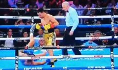 Видео дикого нокаута Жанибека Алимханулы в бою за титул чемпиона мира WBO